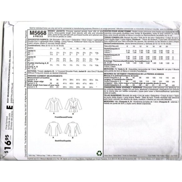 McCall's M5668 Misses 8 to 20 Easy Jacket and Belt Uncut Sewing Pattern New - Picture 2 of 2